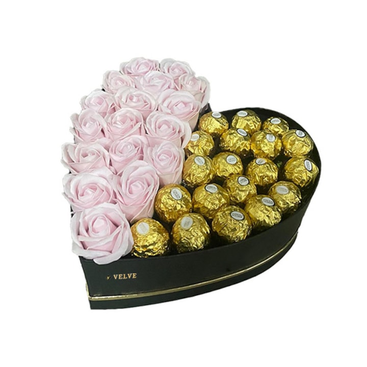 Ajándék nőknek, fekete szívdoboz szappanrózsákkal és Ferrero Rocher pralinéval, rózsaszín