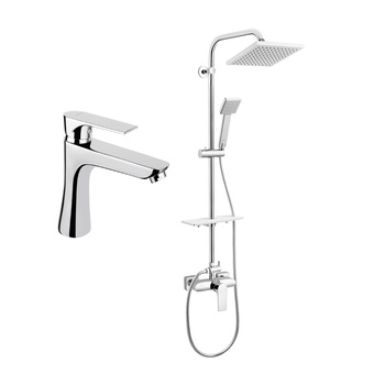 Set Ferro Square - coloana dus cu para dus fixa si mobila cu baterie dus si baterie lavoar Set Ferro Square - coloana dus cu para dus fixa si mobila cu baterie dus si baterie lavoar