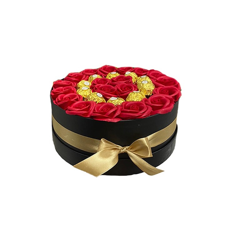 Cadou pentru femei cutie rotunda neagra cu trandafiri de sapun si praline Ferrero Rocher, rosu