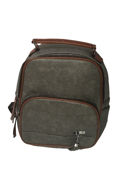 Ghiozdan dama, FASHION, cu 2 fermoare, poliuretan, gri/maro, 30 x 28 x 15 cm