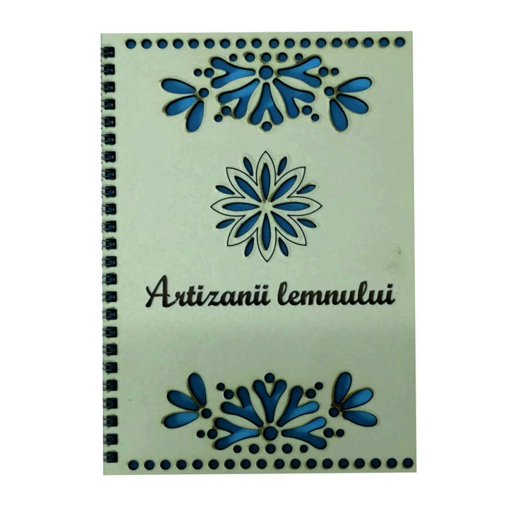 Agenda cu coperti din lemn traforat, Artizanii lemnului, model floral sigma fildes-albastru, A5, alb fildes, 60 file