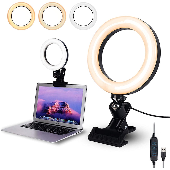 Професионална кръгла лампа за видеоконферентна връзка, Ring light 16 CM LED с 3 режима на осветление, 10 нива на интензивност и скоба