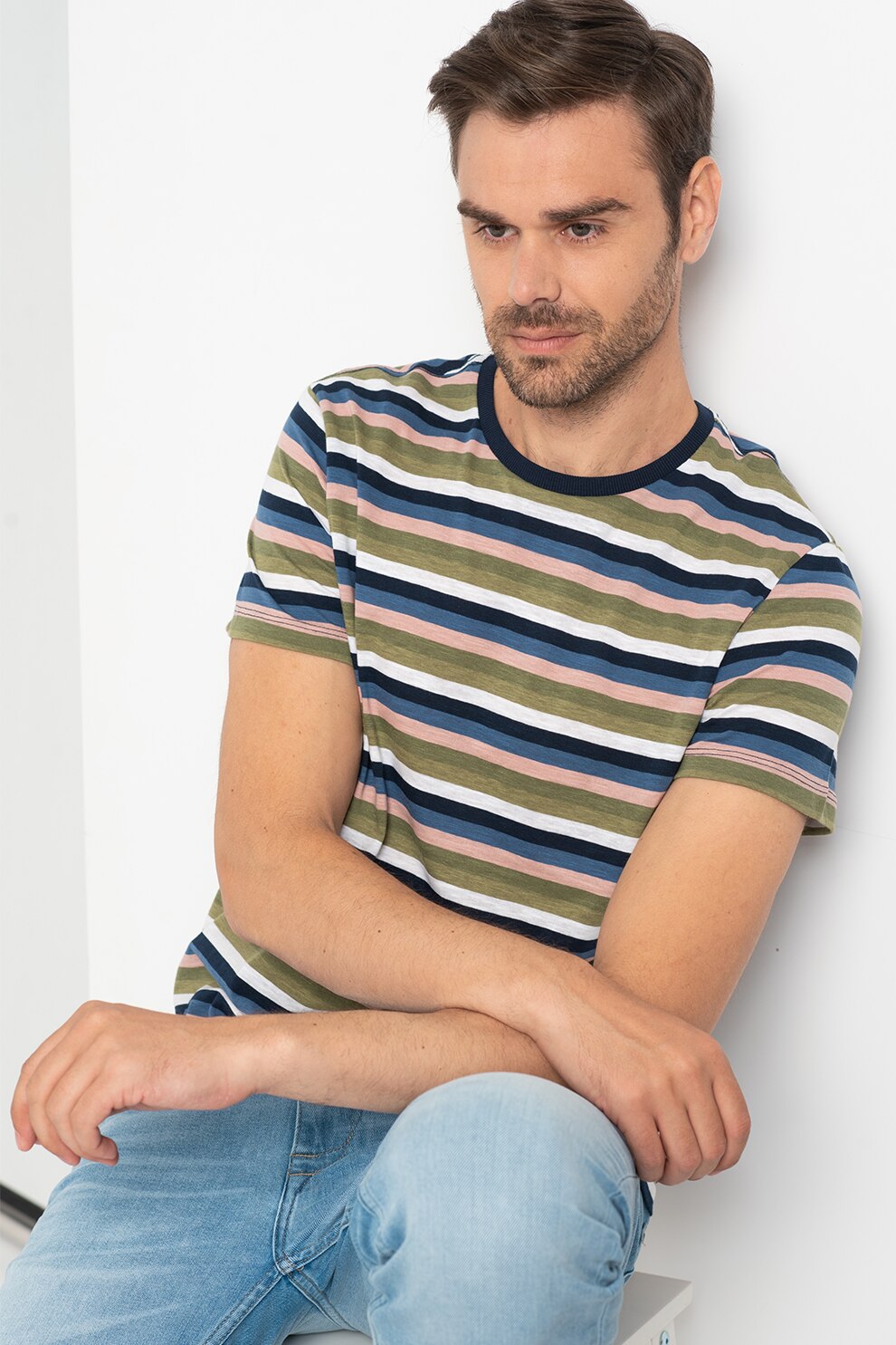 BLEND, Tricou cu decolteu la baza gatului in dungi, Multicolora