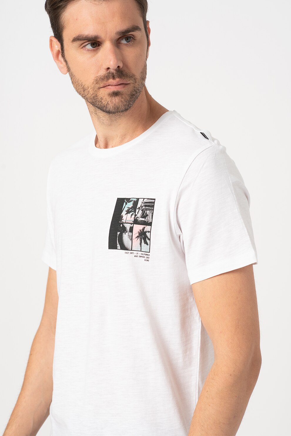 BLEND, Tricou de bumbac cu imprimeu grafic si tropical discret, Alb optic