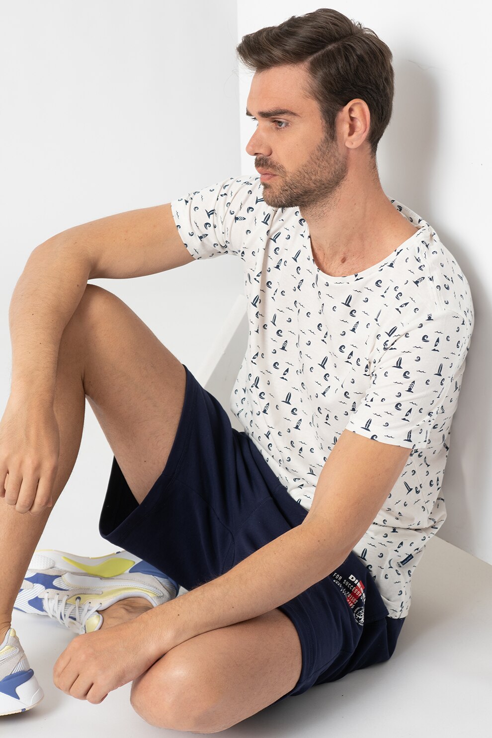 BLEND, Tricou de bumbac cu model nautic, Alb/Bleumarin