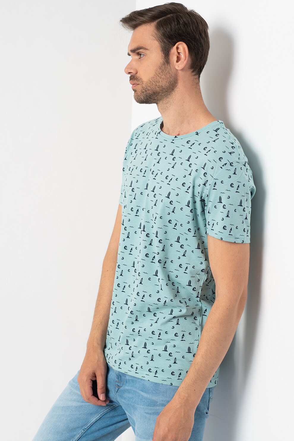 BLEND, Tricou de bumbac cu model nautic, Turcoaz