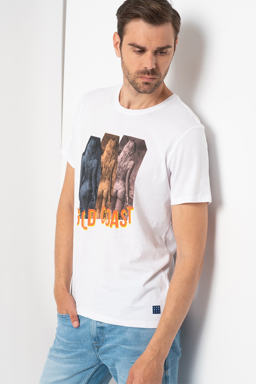 BLEND, Tricou cu decolteu la baza gatului cu imprimeu foto contrastant, Alb