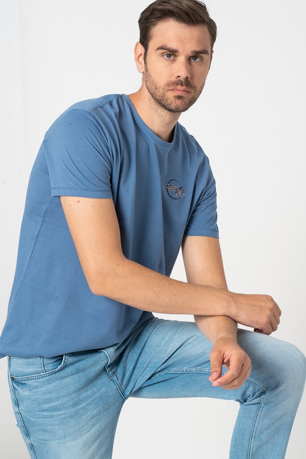 BLEND, Tricou cu decolteu la baza gatului din jerseu cu palmier brodat, Albastru lavanda