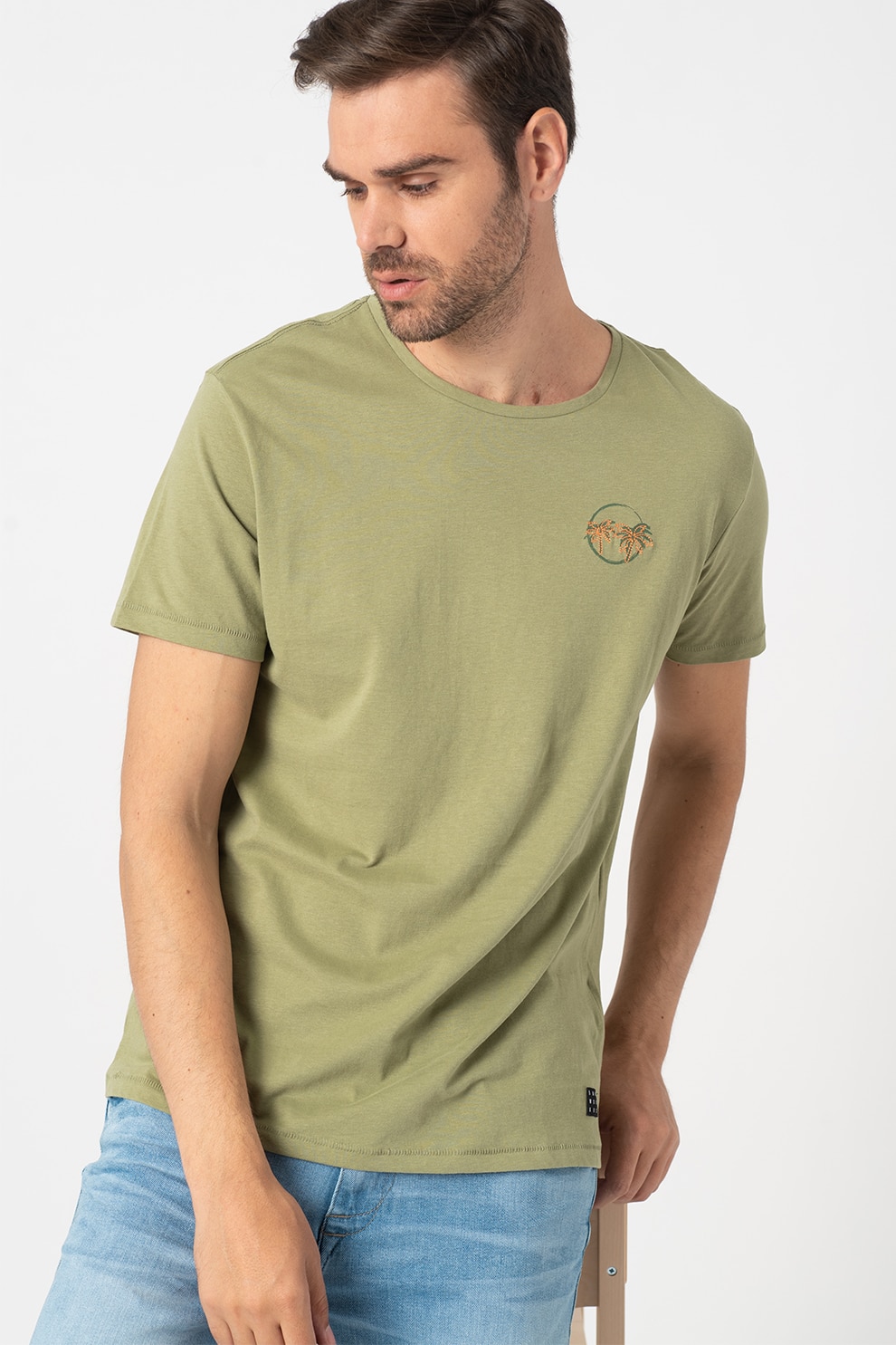 BLEND, Tricou cu decolteu la baza gatului din jerseu cu palmier brodat, Verde sparanghel
