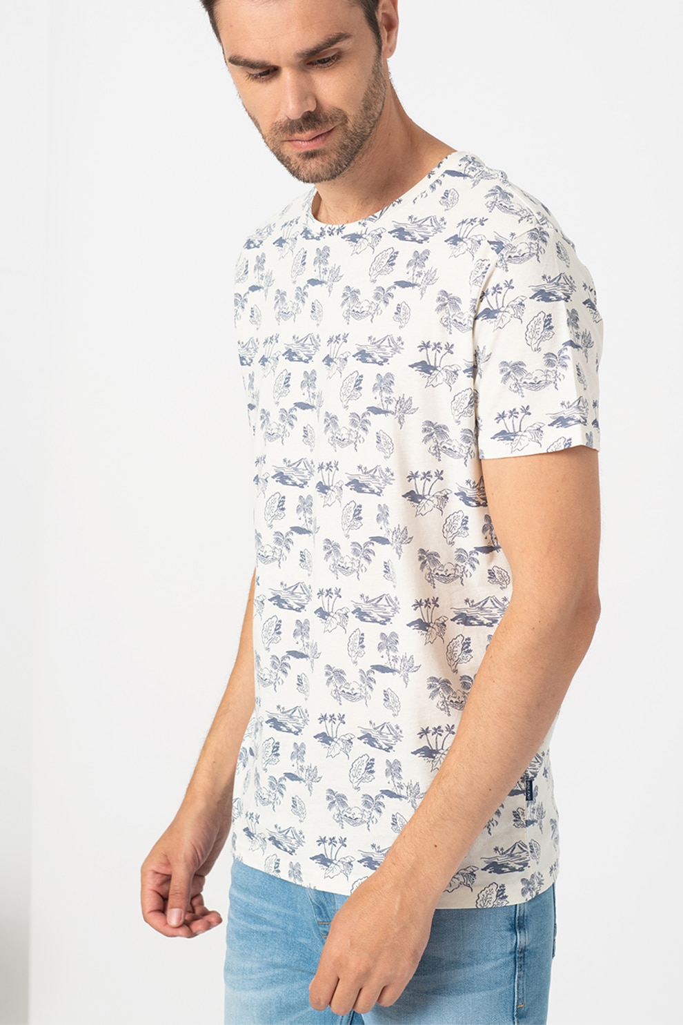 BLEND, Tricou cu decolteu la baza gatului cu imprimeu grafic, Alb prafuit/Albastru prafuit