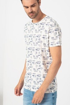 BLEND, Tricou cu decolteu la baza gatului cu imprimeu grafic, Alb prafuit/Albastru prafuit BLEND, Tricou cu decolteu la baza gatului cu imprimeu grafic, Alb prafuit/Albastru prafuit