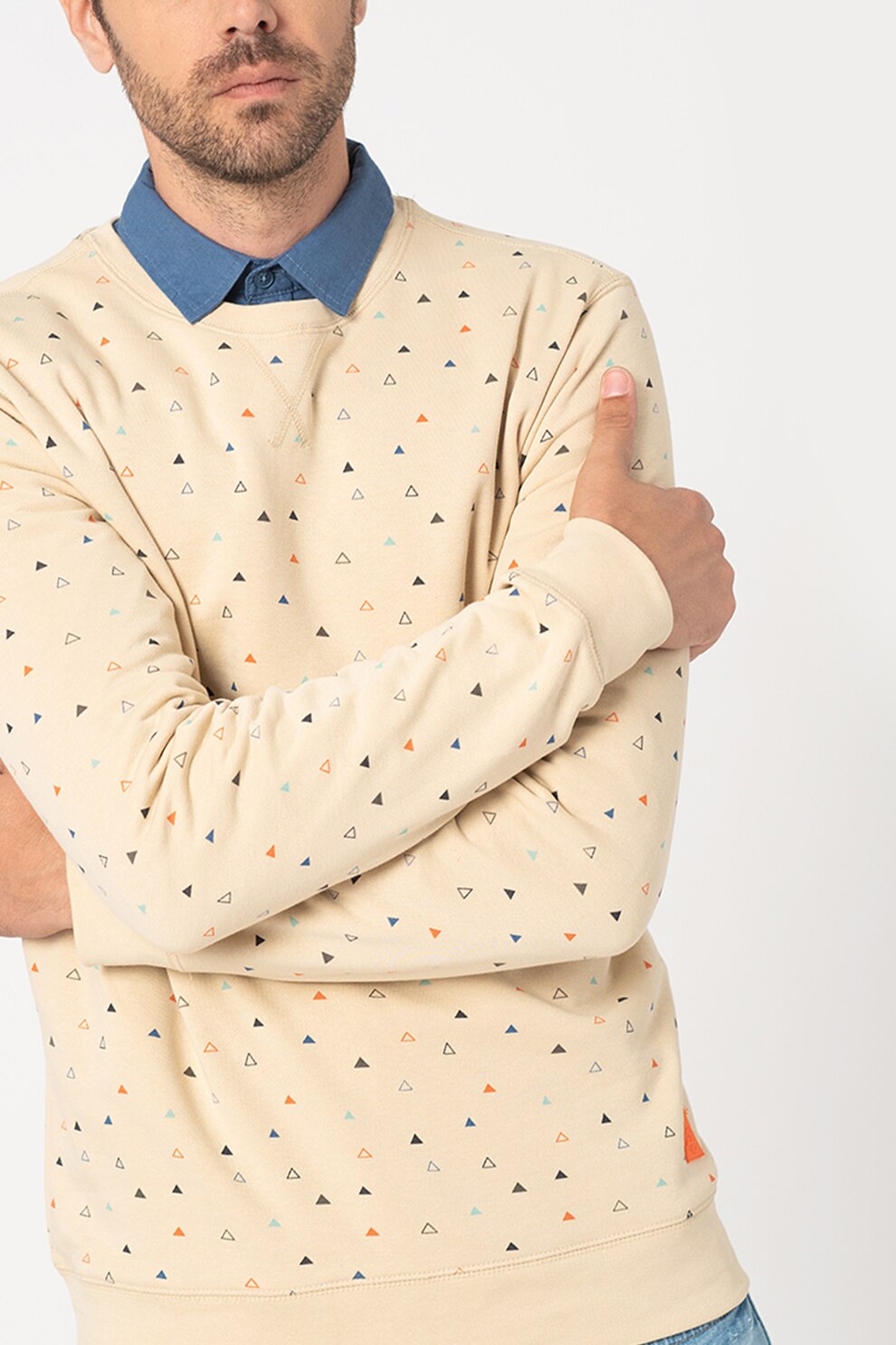 BLEND, Bluza sport cu decolteu la baza gatului si imprimeu, Bej