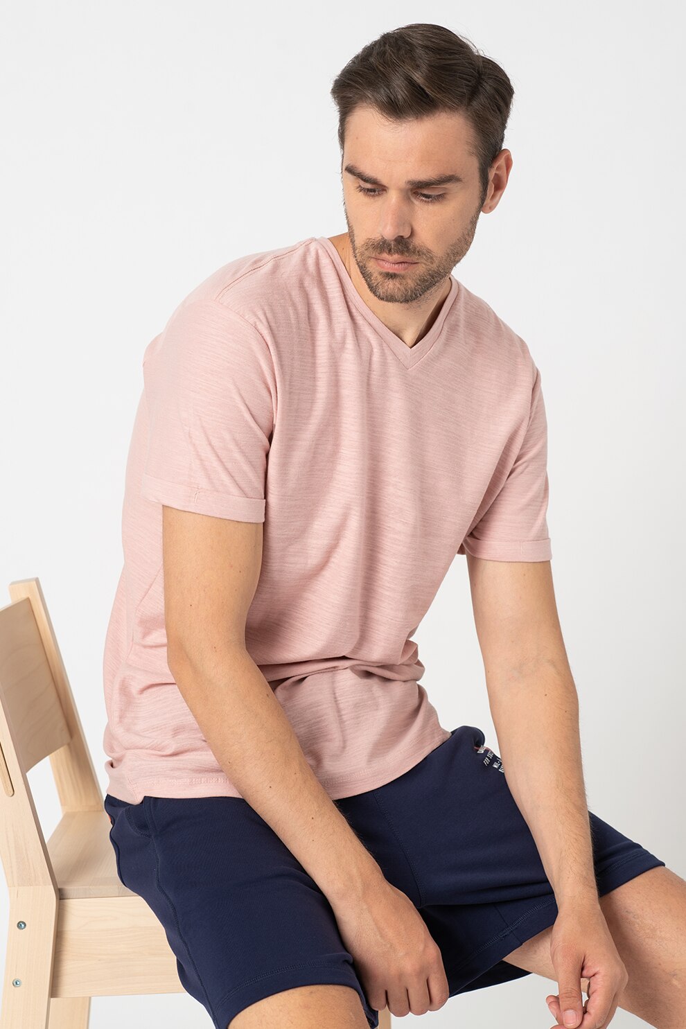 BLEND, Tricou de bumbac cu decolteu in V, Roz pal