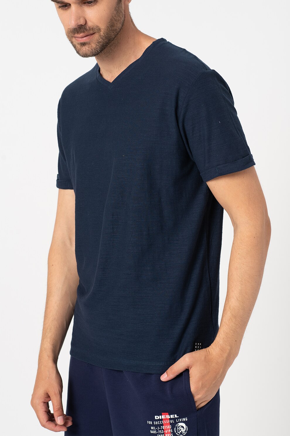 BLEND, Tricou de bumbac cu decolteu in V, Bleumarin