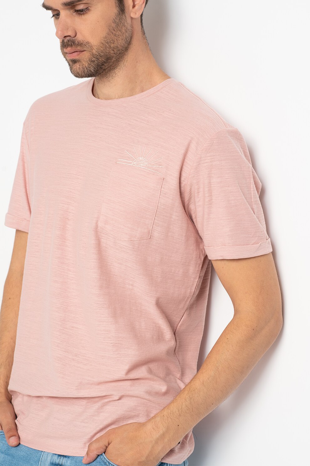 BLEND, Tricou de bumbac cu buzunar pe piept, Roz prafuit