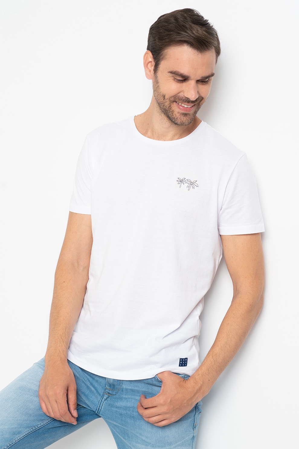 BLEND, Tricou cu decolteu la baza gatului din jerseu cu palmier brodat, Alb optic