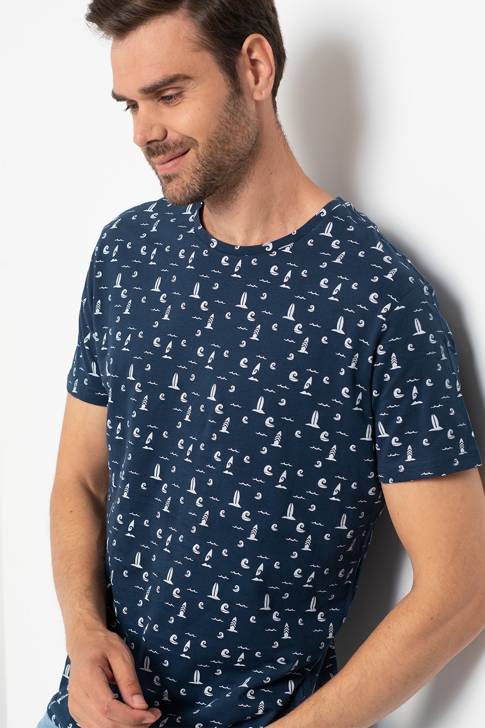 BLEND, Tricou de bumbac cu model nautic, Bleumarin/Alb