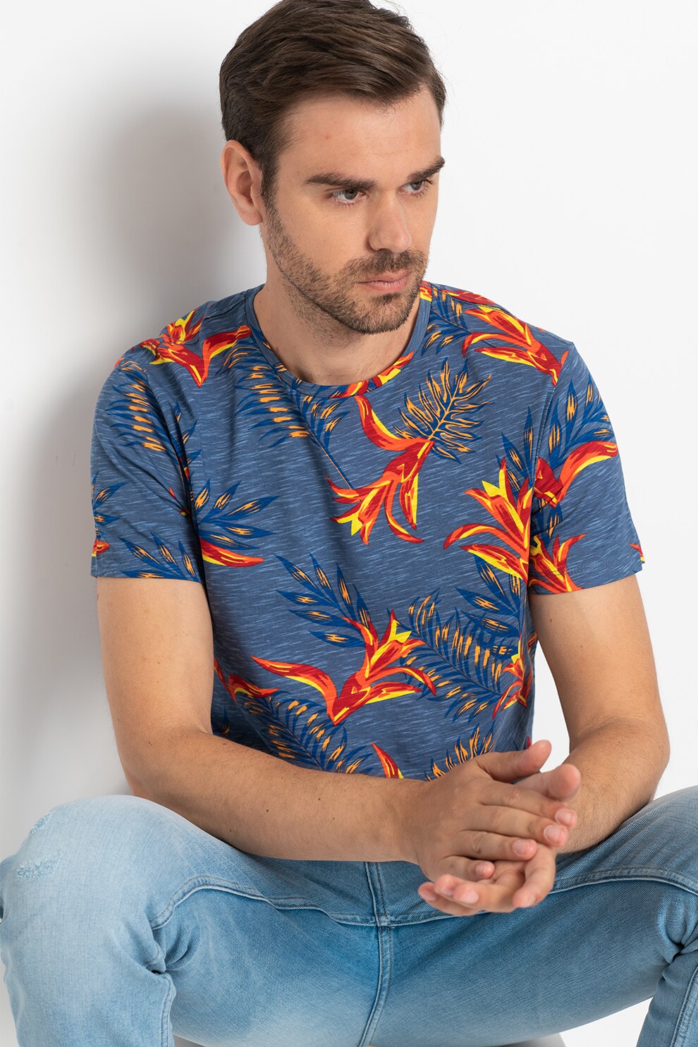 BLEND, Tricou de bumbac organic cu model tropical, Albastru prafuit/Rosu/Galben