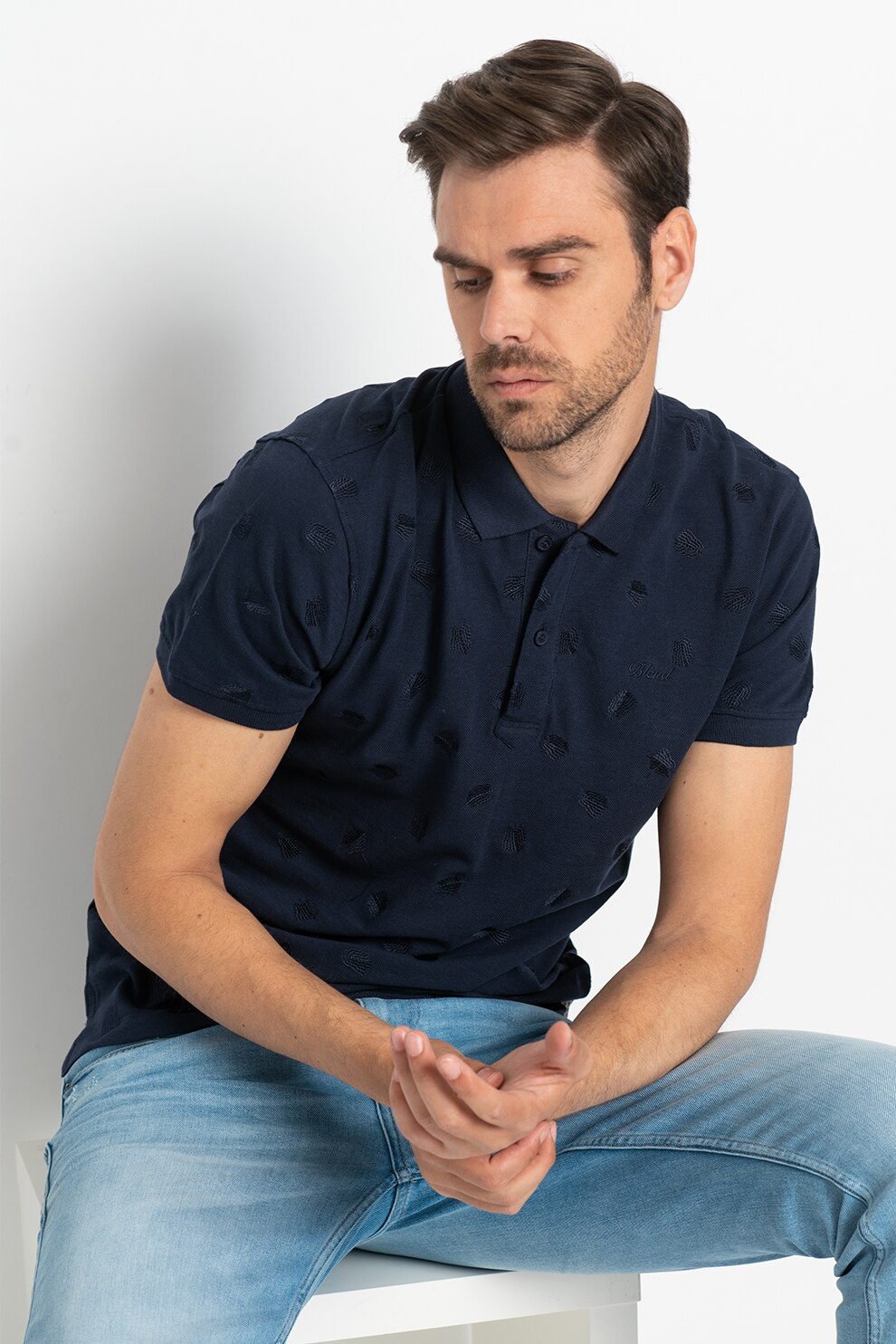 BLEND, Tricou polo cu detalii brodate, Bleumarin, S