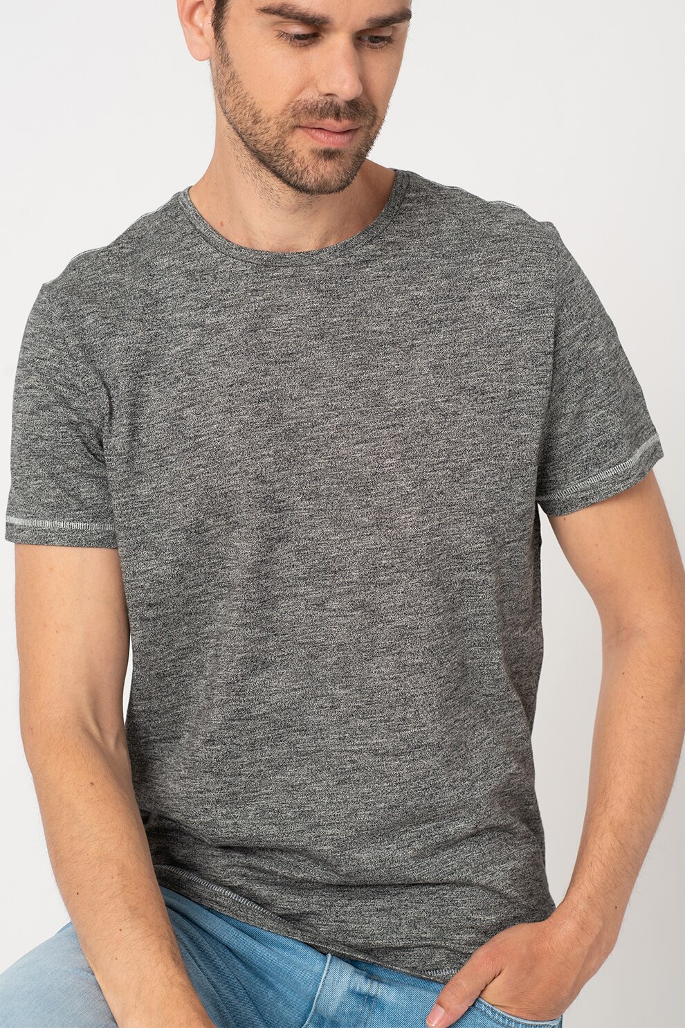 BLEND, Tricou cu decolteu la baza gatului de bumbac, Gri inchis