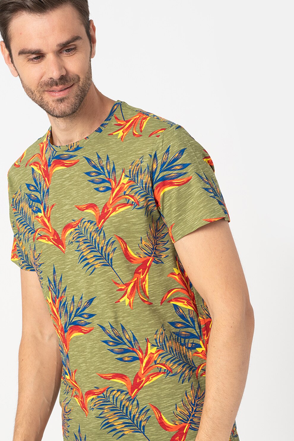 BLEND, Tricou de bumbac organic cu model tropical, Verde militar/Rosu/Galben