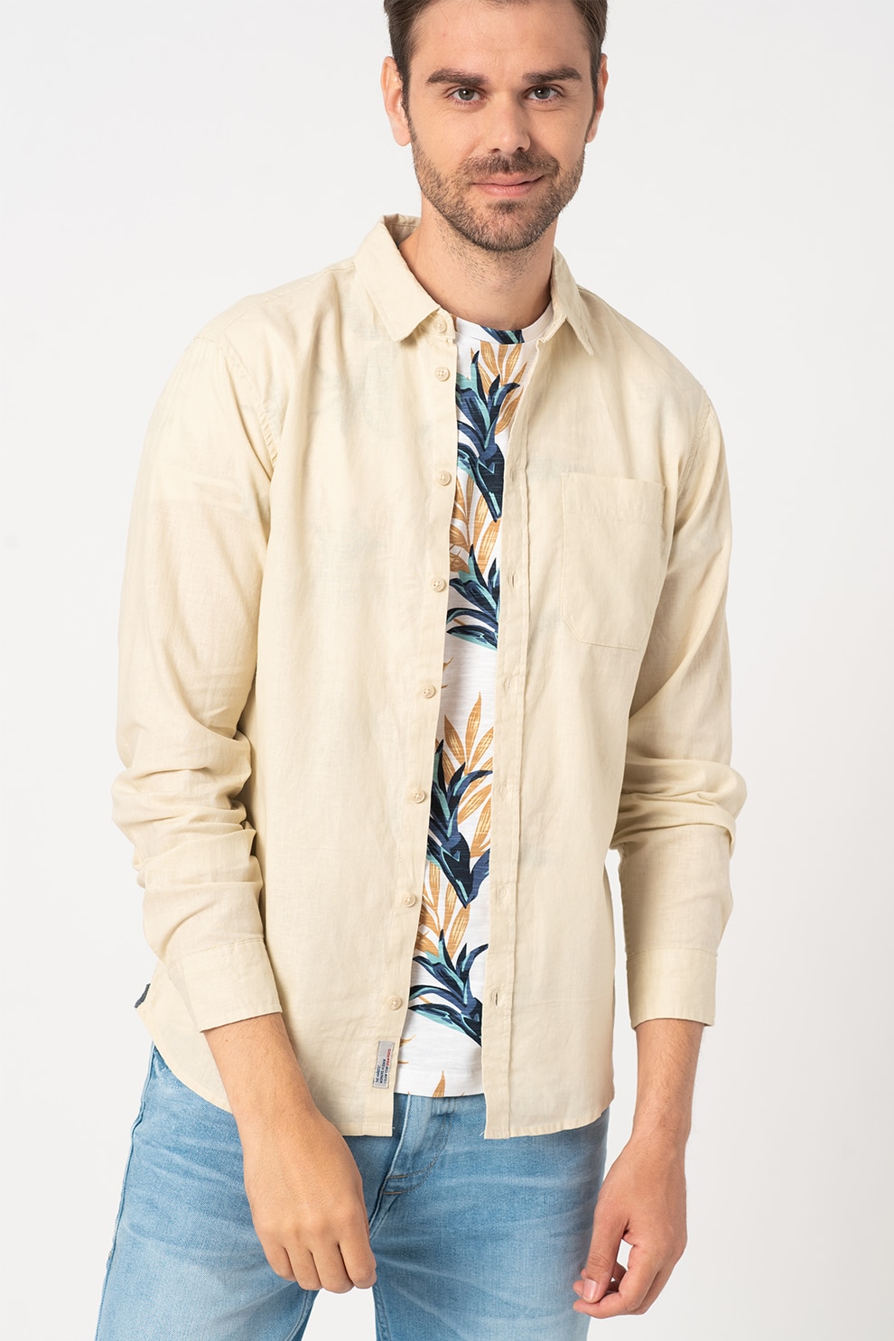 BLEND, Camasa din amestec de in cu buzunar pe piept, Bej, 2XL