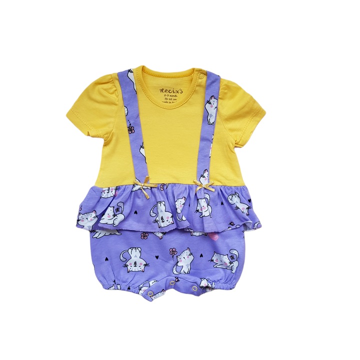 Salopeta cu volane de bumbac, Pisicute, Galben/Mov, Galben/Mov