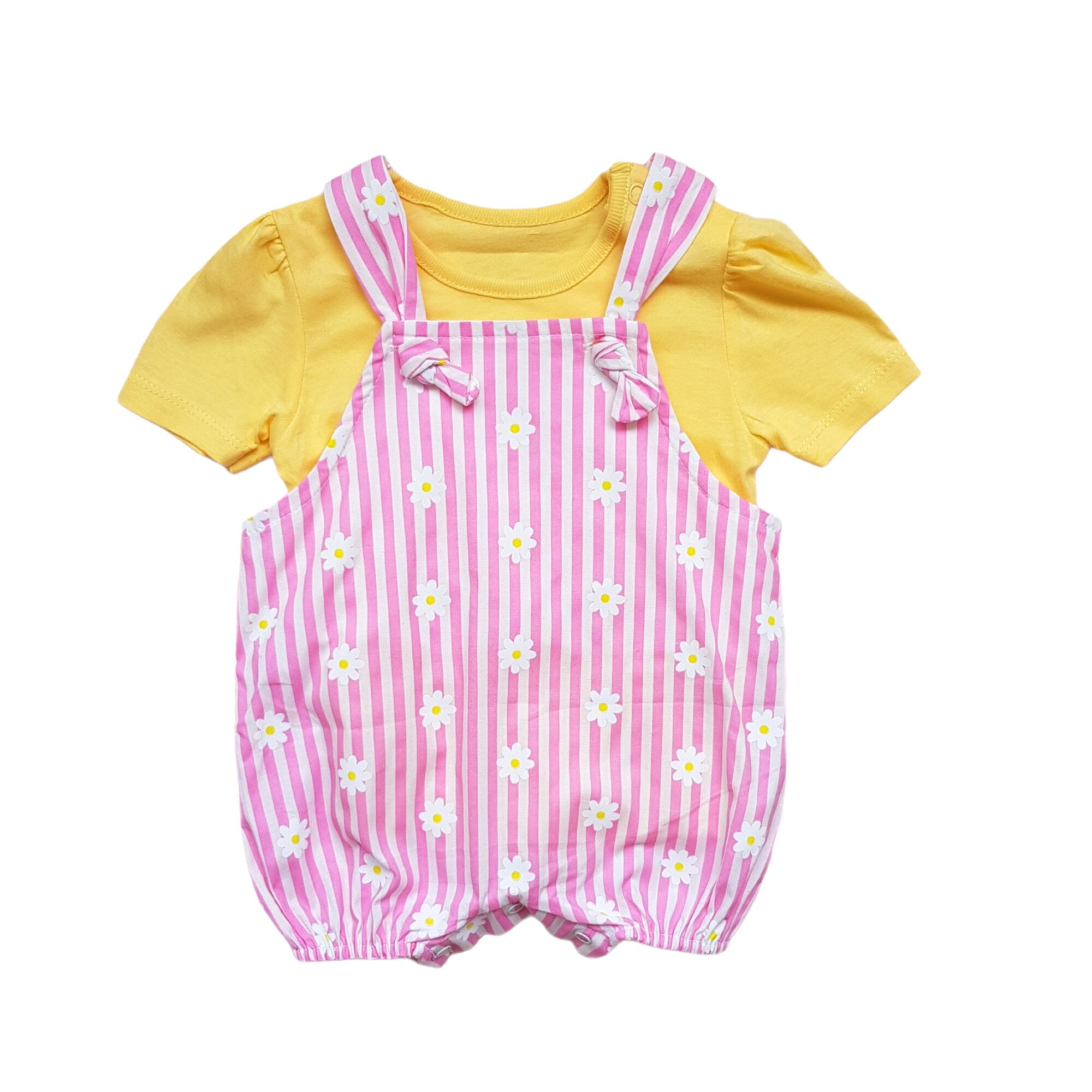 Salopeta cu tricou de bumbac, model floral, varsta 0-3 luni, 62 cm, Galben/Roz