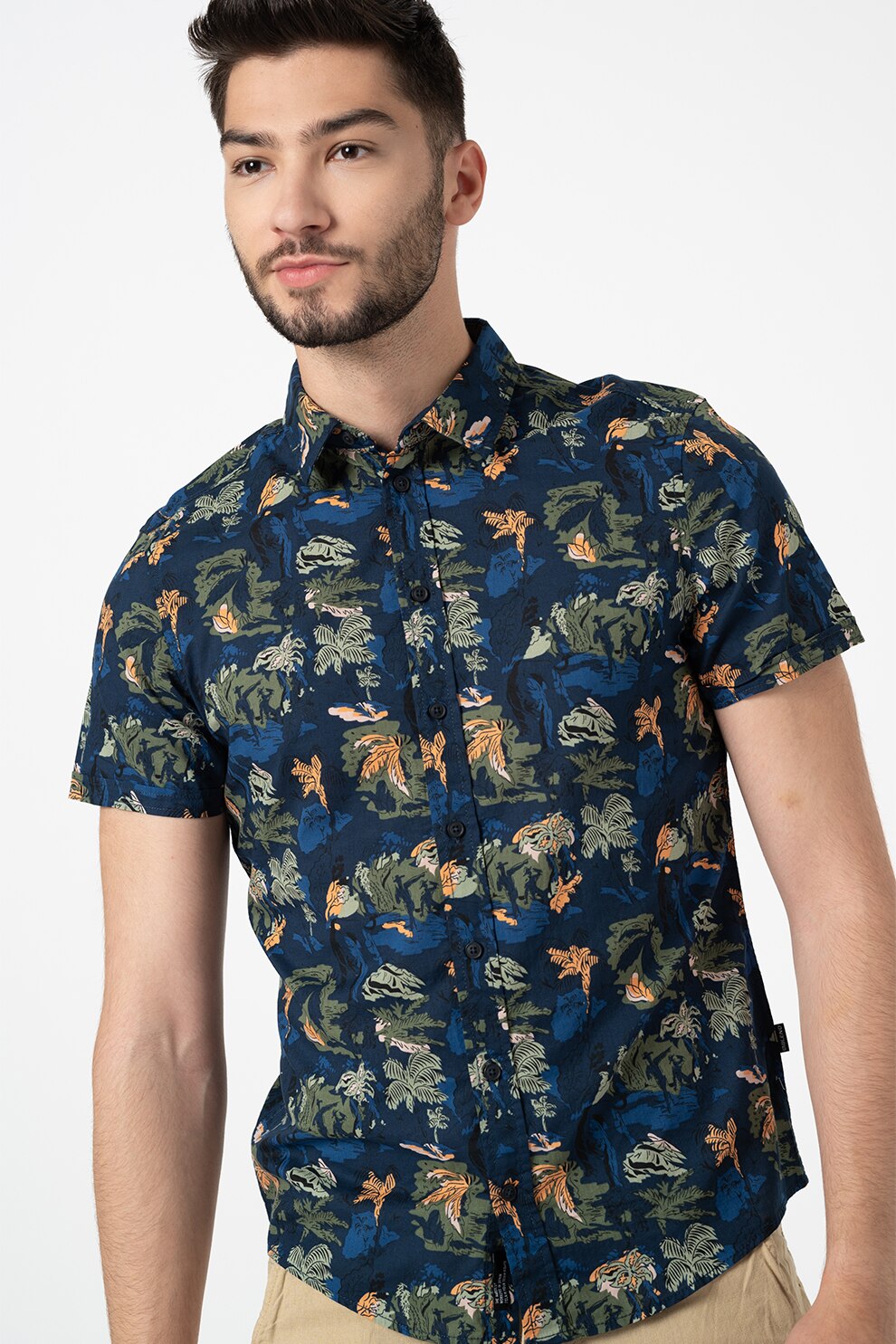 BLEND, Camasa cambrata cu imprimeu grafic, Albastru/Verde/Oranj