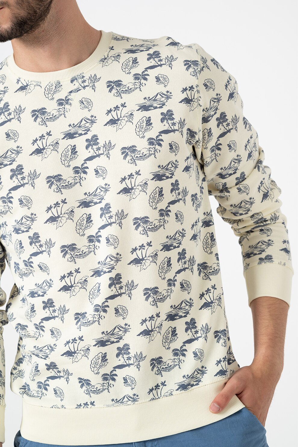 BLEND, Bluza sport de bumbac organic cu imprimeu, Crem/Bleumarin