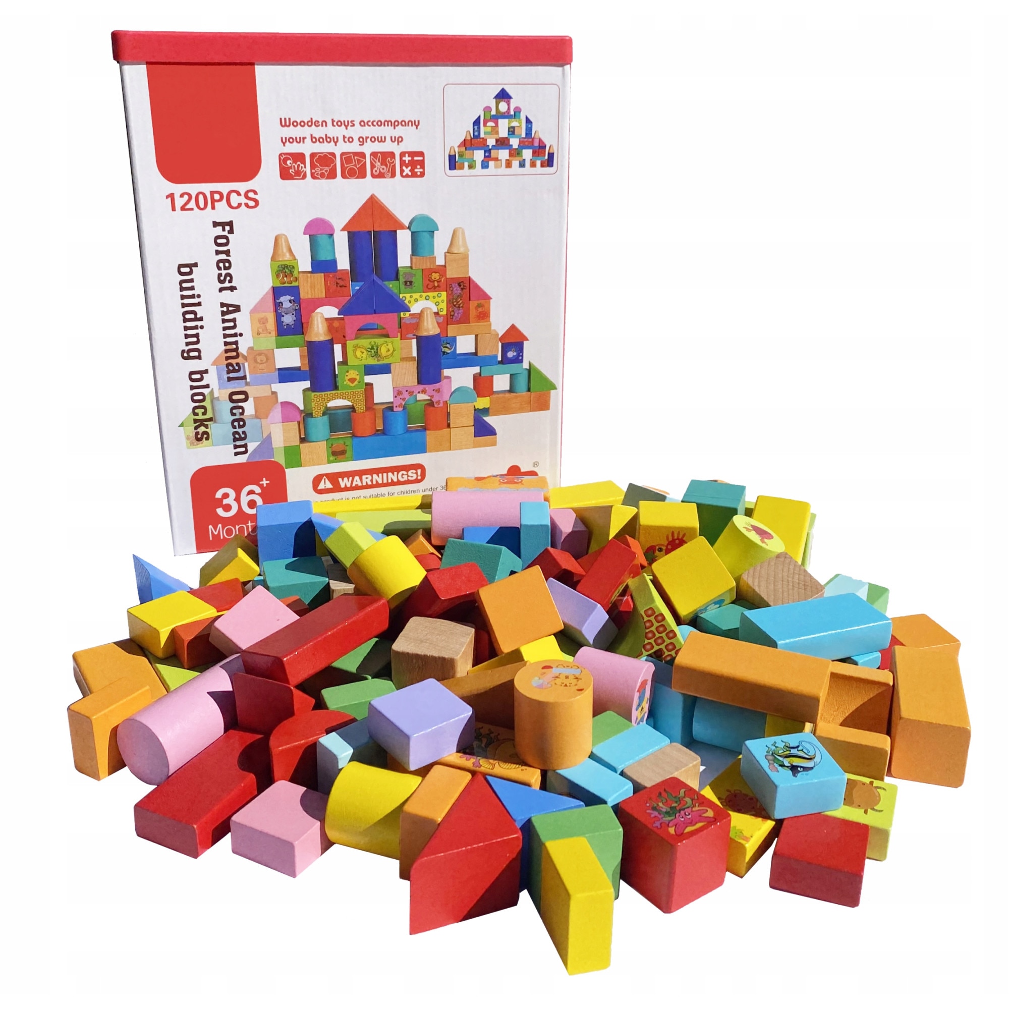 Set 120 de Piese din Lemn de Calitate Superioara, Pentru Construit, Forrest and Ocean Animals, Include Piese de Diferite Forme in Culori Vibrante si Sac Pentru Depozitare, Multicolor