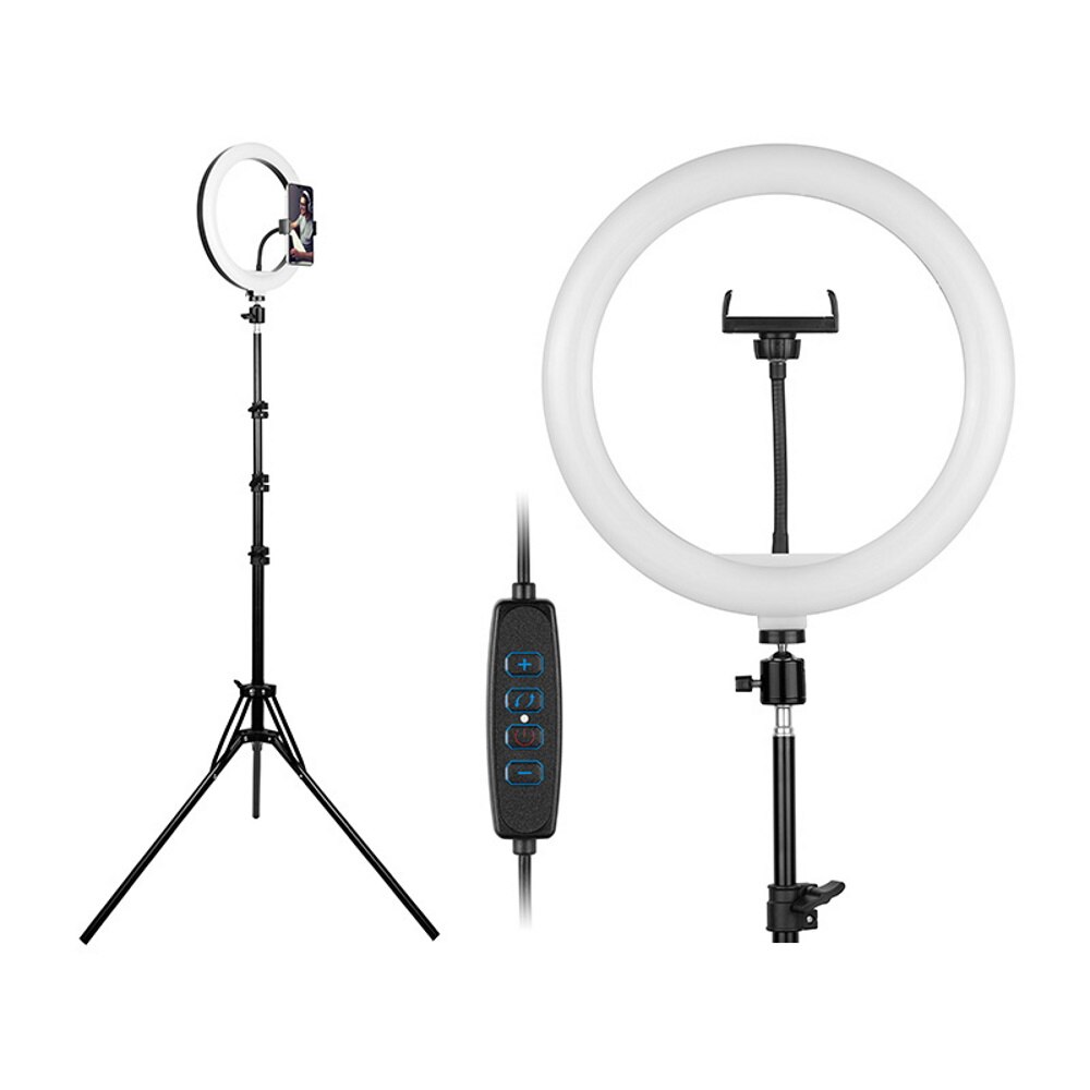 Lampa circulara Tracer LED Ring Lamp diametru 30cm / 12inch 160 LED-uri , Photo / video / MakeUp, lumina naturala/rece/calda , conectare USB , reglaj intensitate , suport telefon , trepied 210 cm, negru