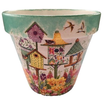 Ghiveci lut ceramica teracota handmade G4.12, 12 cm, model casute pasari Ghiveci lut ceramica teracota handmade G4.12, 12 cm, model casute pasari