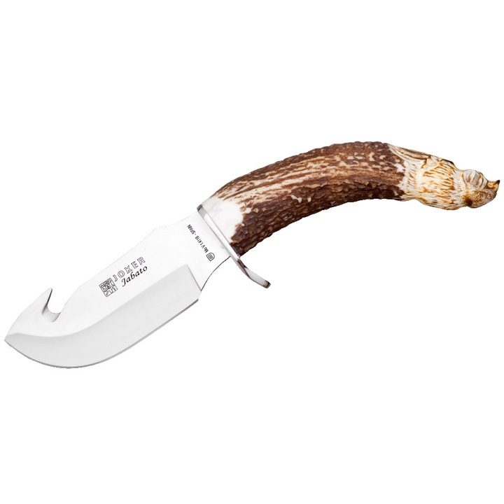 Cutit de vanatoare Jabato CT28 Joker cap mistret, functie jupuire, maner corn de cerb, lama 11 cm otel inoxidabil, toc piele premium maro, atasabil la curea/alte echipamente
