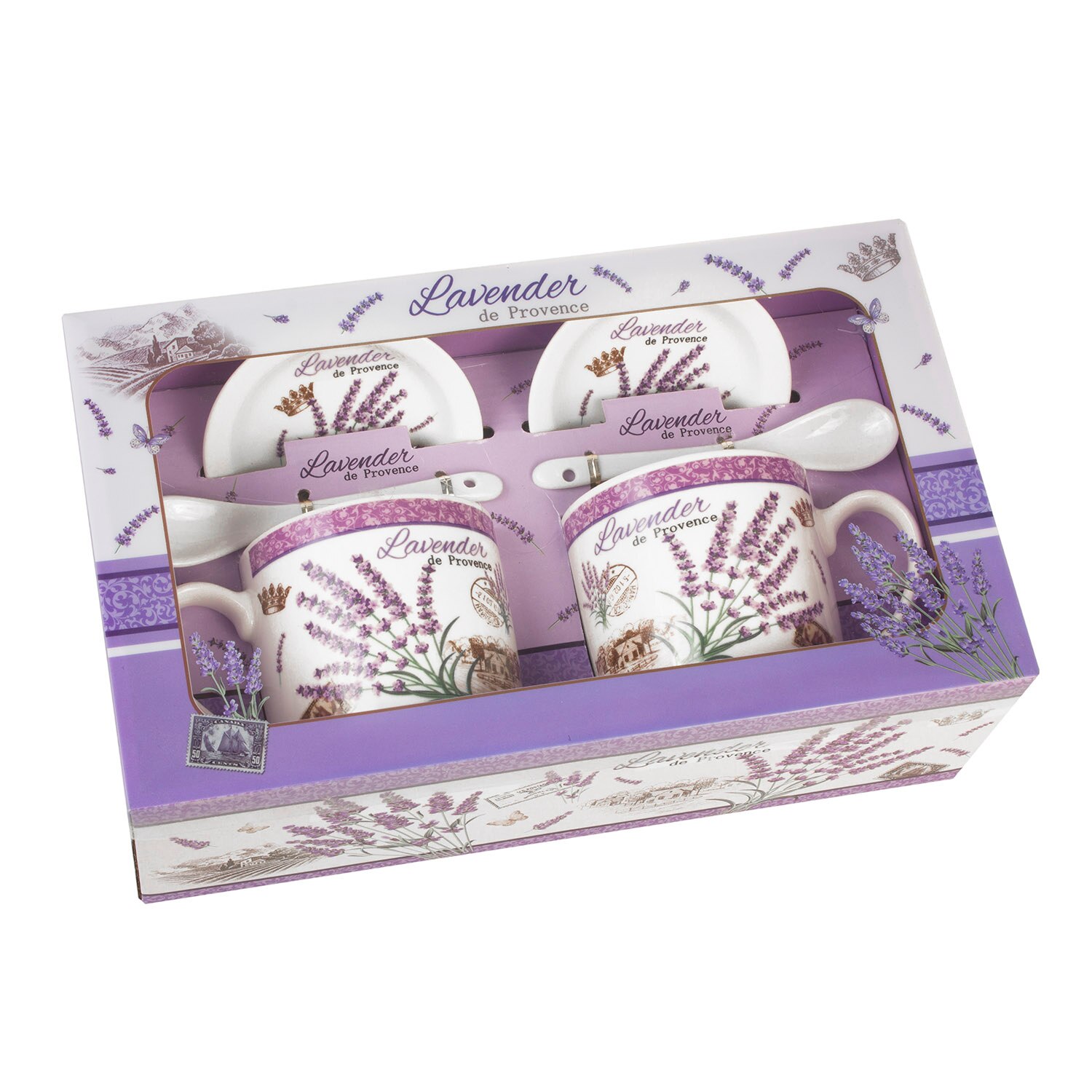 Set 2 cani cu 2 lingurite cu cutie cadou, alb-mov, 12 x 11 cm, 300 ml