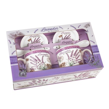 Set 2 cani cu 2 lingurite cu cutie cadou, alb-mov, 12 x 11 cm, 300 ml Set 2 cani cu 2 lingurite cu cutie cadou, alb-mov, 12 x 11 cm, 300 ml