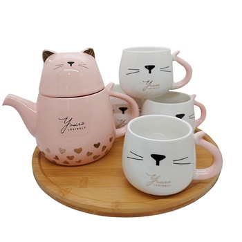 Set 4 cesti & ceainic pisica Zoey ceramica, Alb / roz, Tava bambus Set 4 cesti & ceainic pisica Zoey ceramica, Alb / roz, Tava bambus