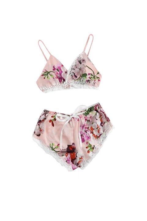 Pijamale sexy cu imprimeu floral, Roz