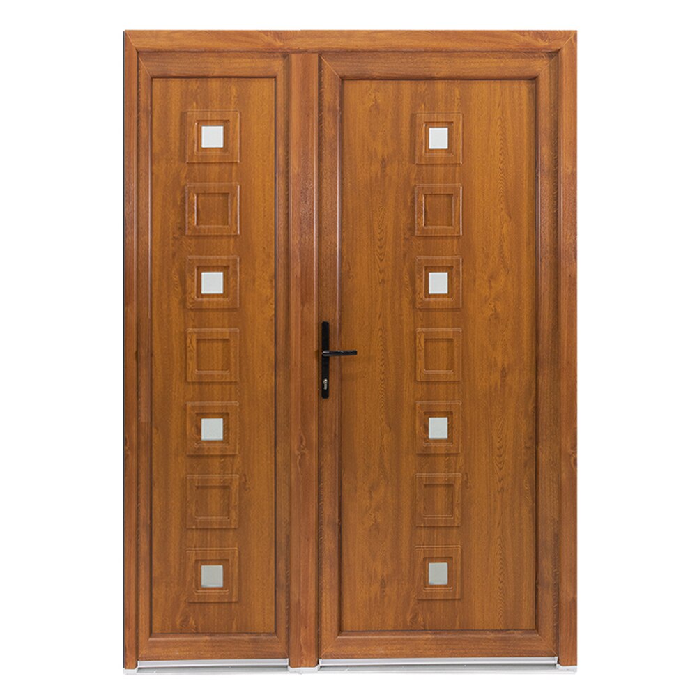 Usa intrare PVC Lola dubla, 5 camere izolare, 1400x2050, deschidere stanga privit din interior, culoare stejar auriu pe ambele fete