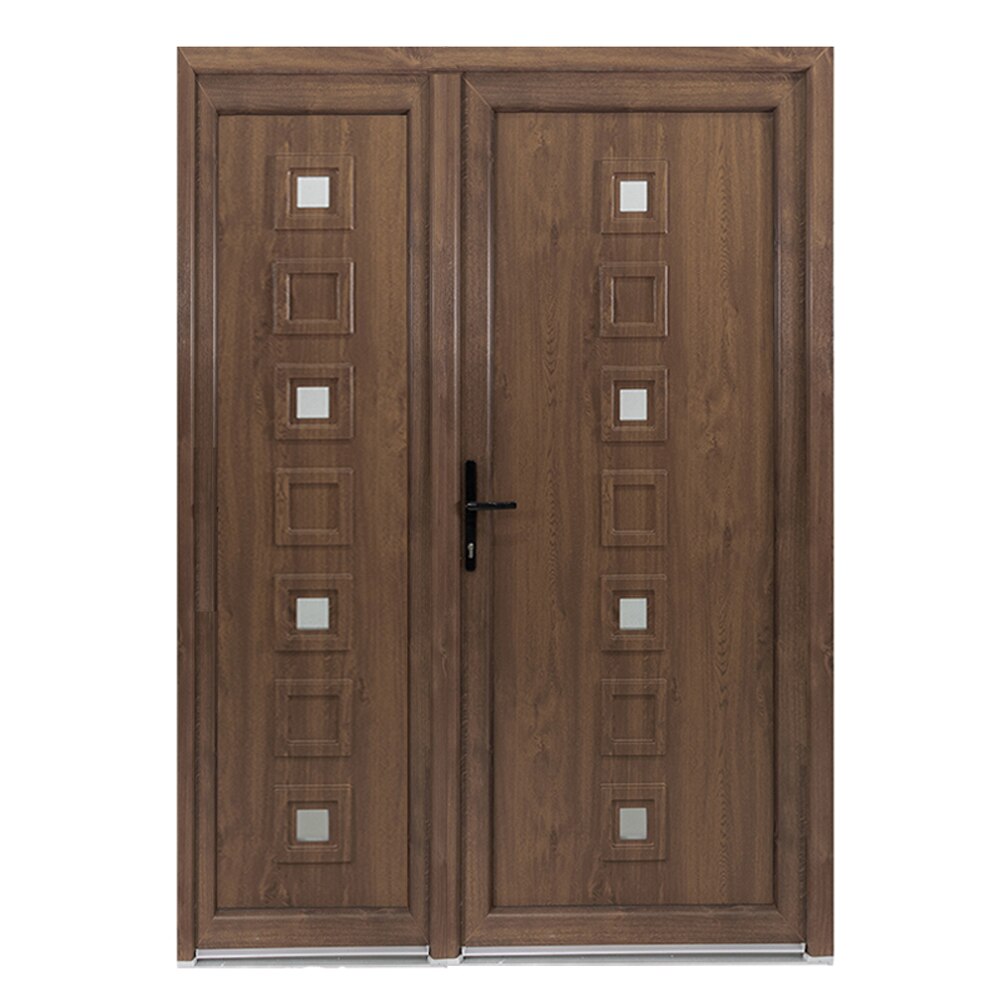 Usa intrare PVC Lola dubla, 5 camere izolare, 1400x2050, deschidere stanga privit din interior, culoare nuc pe ambele fete