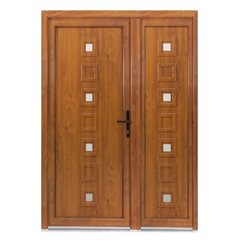 Usa intrare PVC Lola dubla, 5 camere izolare, 1400x2050, deschidere dreapta privit din interior, culoare stejar auriu pe ambele fete Usa intrare PVC Lola dubla, 5 camere izolare, 1400x2050, deschidere dreapta privit din interior, culoare stejar auriu pe ambele fete