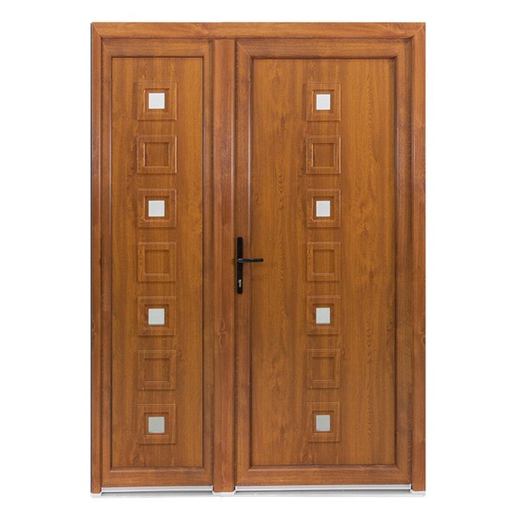 Usa exterior dubla PVC LOLA, profil Klass, 1400x2050 mm, deschidere stanga, stejar auriu