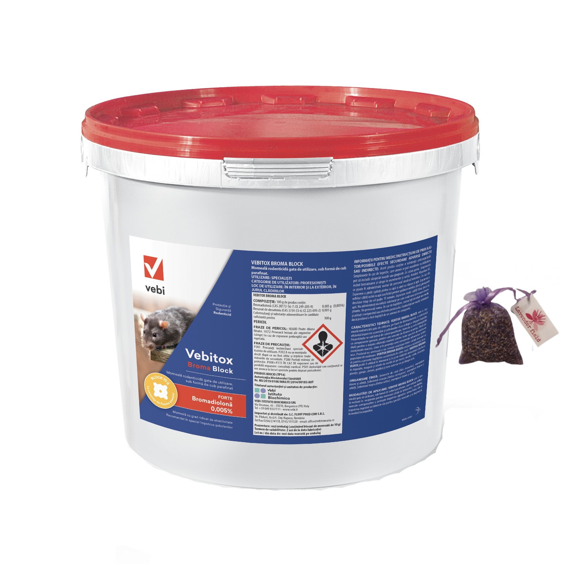 Raticid profesional otrava cuburi cerate Vebitox Broma Block 5 kg, anti soareci si sobolani si Saculet lavanda 10 gr
