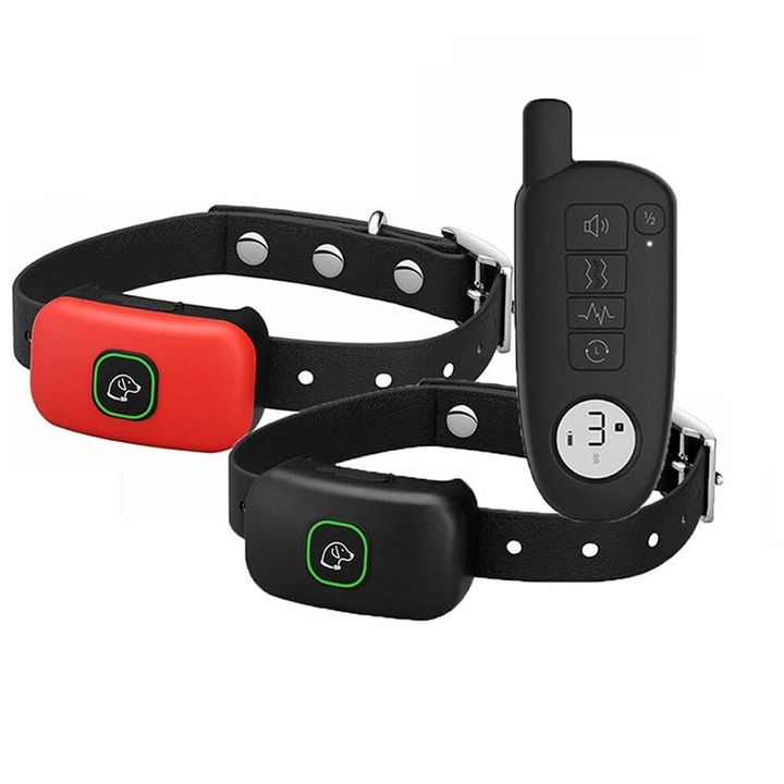 Zgarda Electrica Dresaj Caini, Reincarcabila, Rezistenta la Apa si Praf, Electrozi de 2 Dimensiuni in functie de Blana, Cablu mini USB, Curea de piele sintetica, Neagra