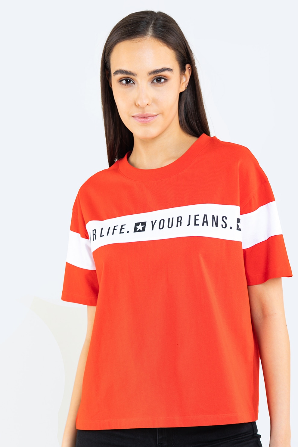 Big Star, Tricou din bumbac cu decolteu la baza gatului, Rosu vermilion, L