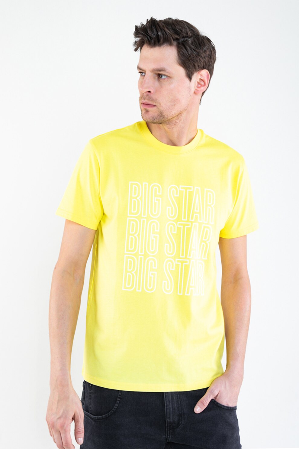 Big Star, Tricou cu decolteu la baza gatului si imprimeu logo, Galben