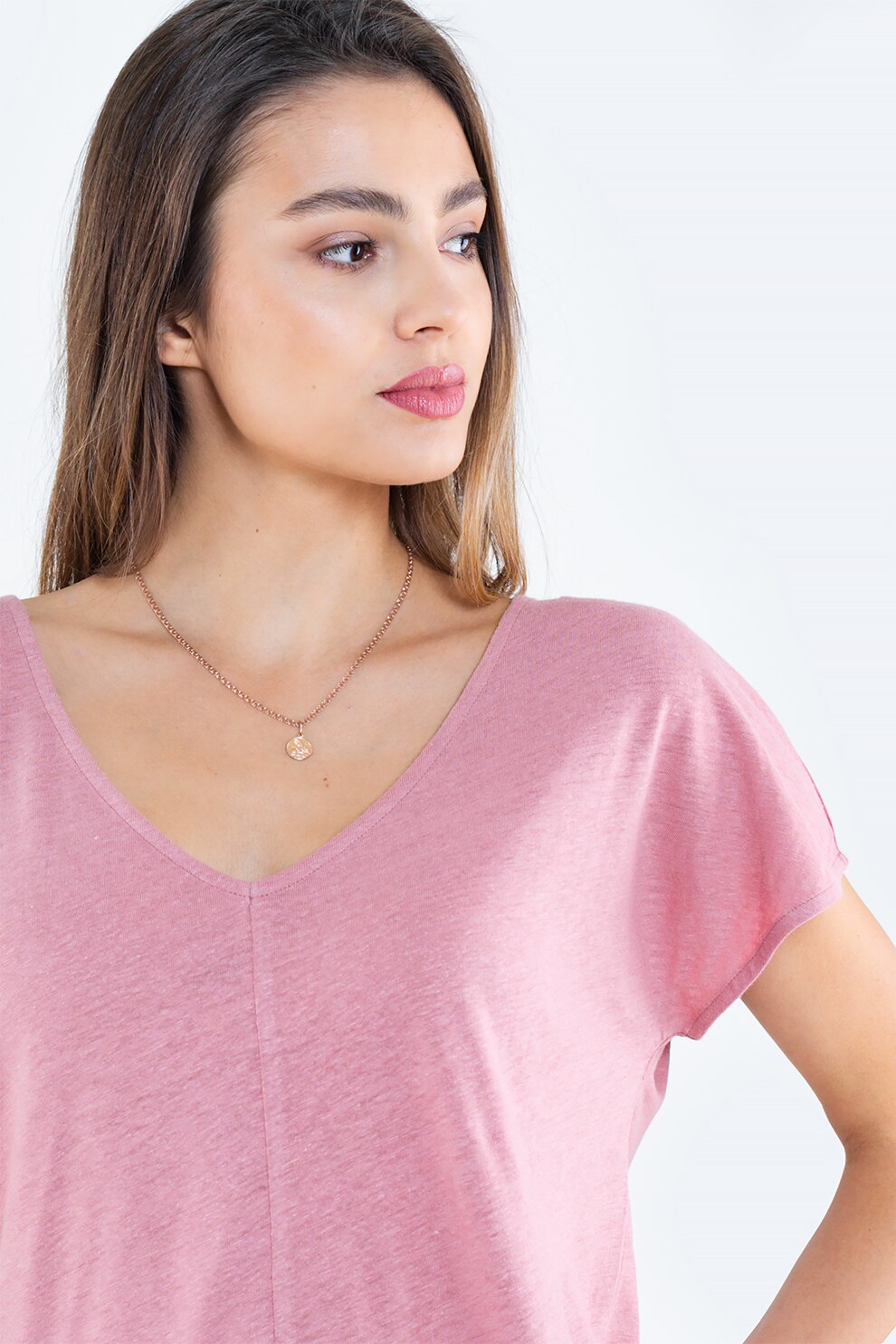 Big Star, Tricou din amestec de in cu decolteu in V, Roz, S