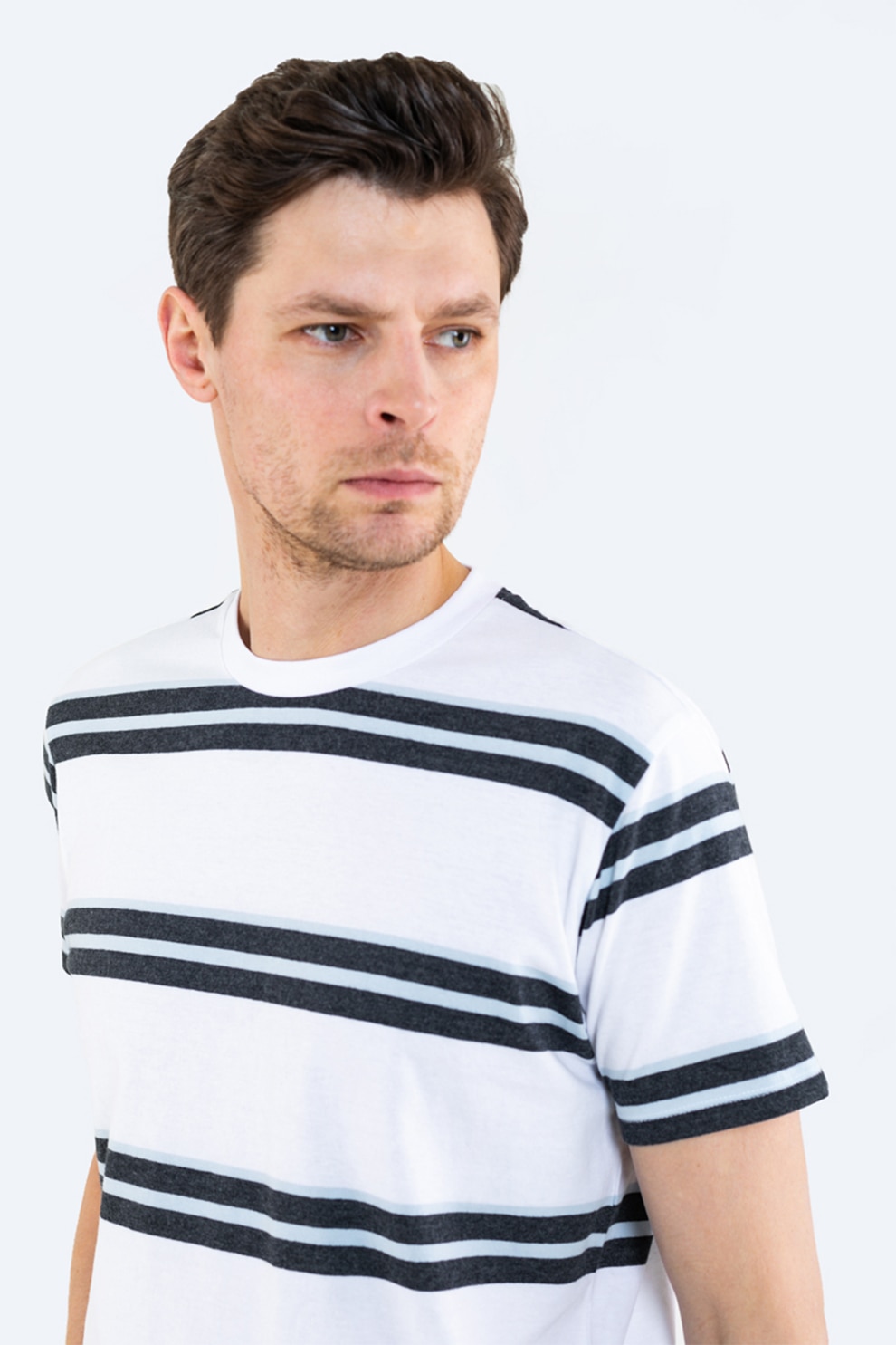 Big Star, Tricou cu decolteu la baza gatului si imprimeu in dungi, Alb