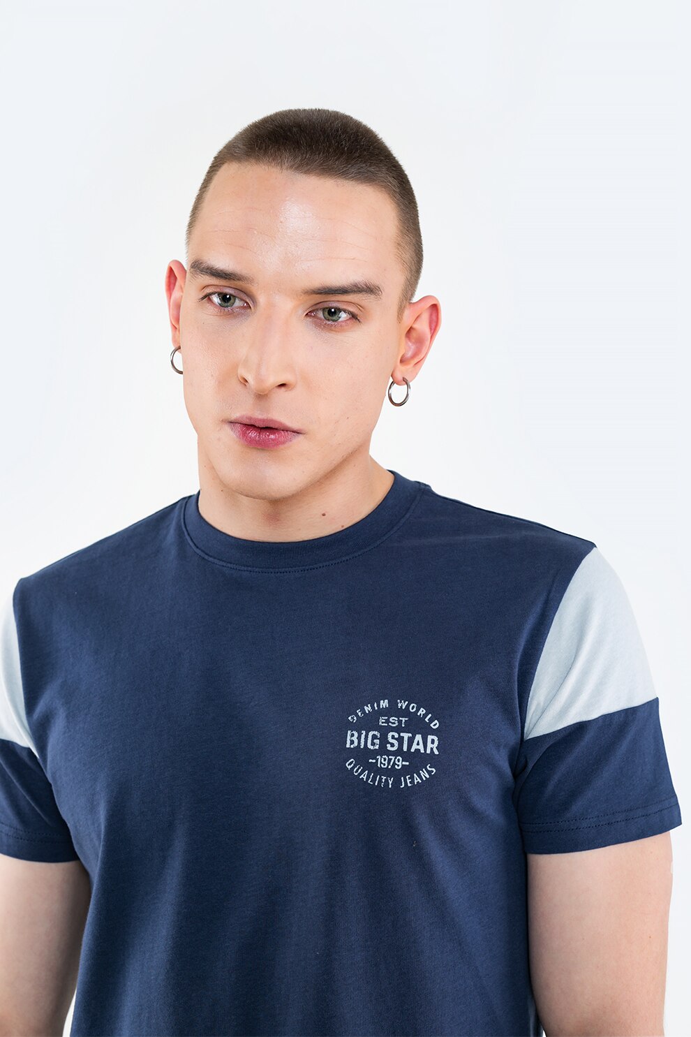 Big Star, Tricou cu decolteu la baza gatului si logo, Bleumarin