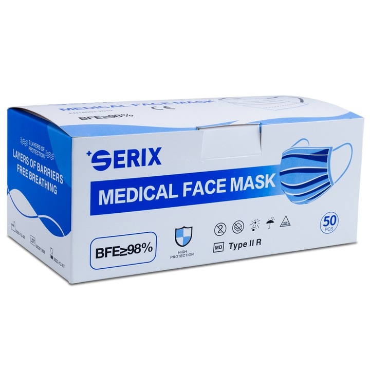 Set 50 buc. Masti medicale tip IIR, 3 straturi, banda metalica, eficienta filtrare ≥98%, albastre